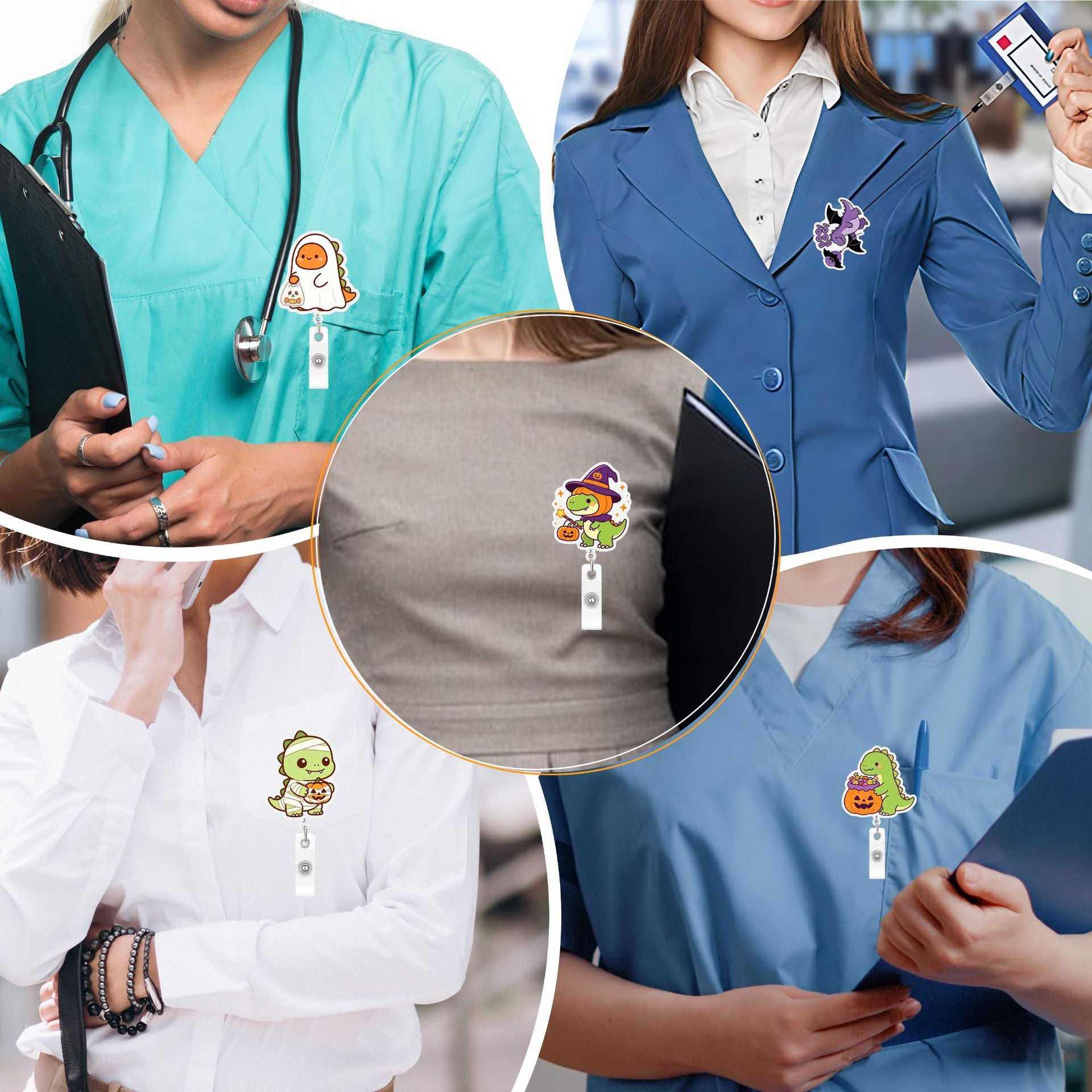 Wholesale Cartoon dinosaur -themed acrylic pull-tab retractable ID card holder pendant,  cute and creative office decoration.