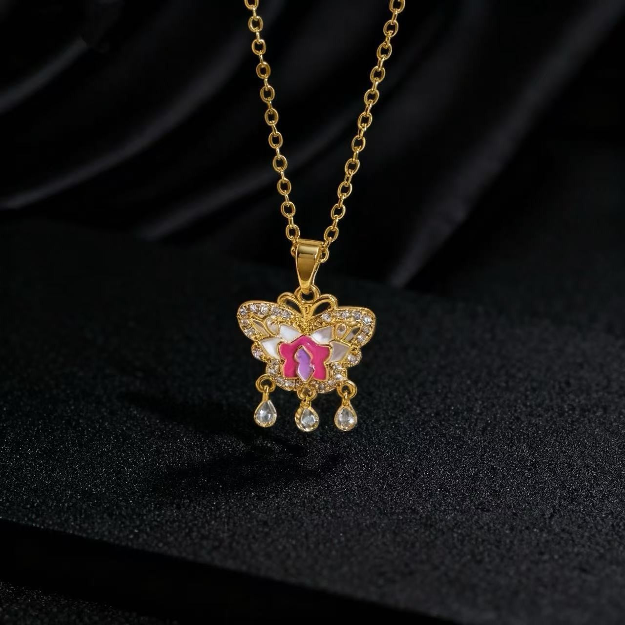 Wholesale Copper Butterfly Choker With Colorful Zircon Pendant Korean Style Trendy Fashion Accessory For Women