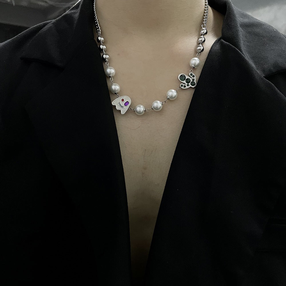 Wholesale Diamond-encrusted Funny Ghost Stitching Cactus Pearl Cuban Necklace