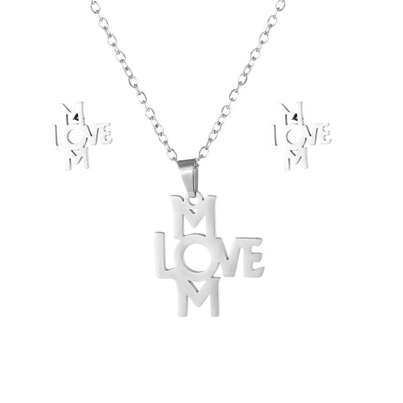 Wholesale Titanium Steel LOVE MOM Pendant Stainless Steel Earrings Necklace Set Mother's Day ACC-ES-MinM017