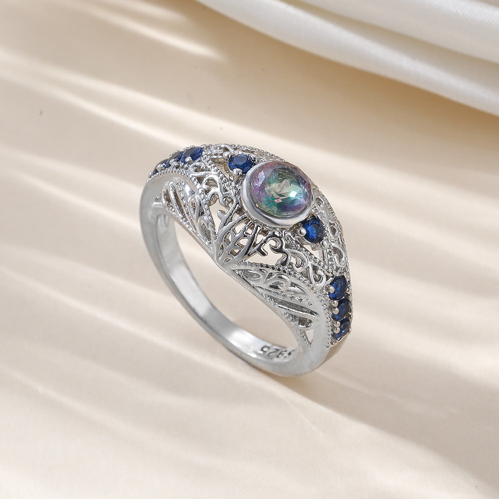 Wholesale Hollow carved copper inlaid with colored zircon retro ring