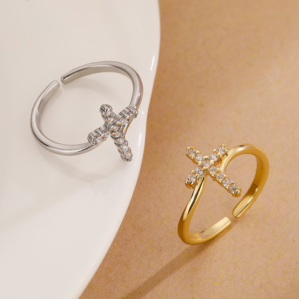 Wholesale Trendy Geometric Cross Zircon Gold Plated Open Ring For Women Adjustable Jewelry Accessory Gift