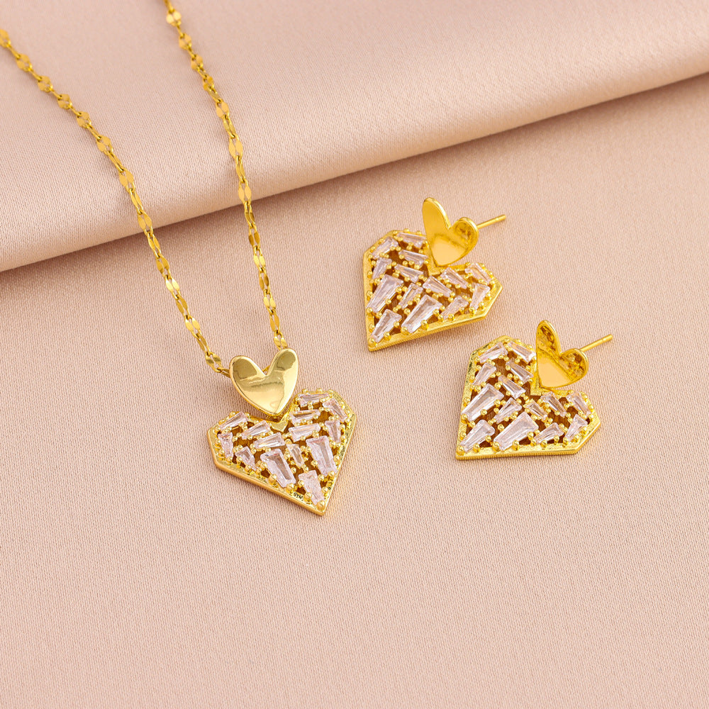 Wholesale Light Luxury Titanium Steel Zirconium Love Necklace Earrings Jewelry suit