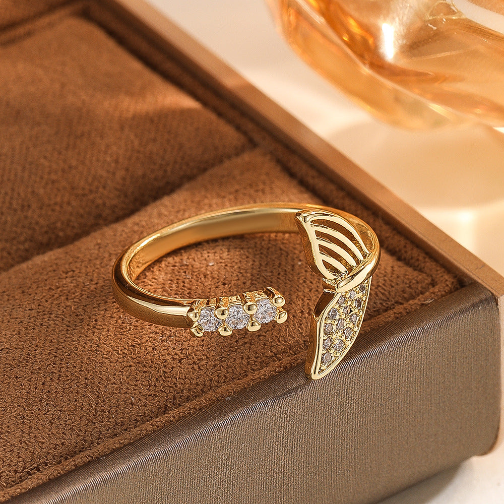 Wholesale Fashion Gold Copper Zircon Adjustable Fish Tail Hollow Ring For Women Minimalist Japanese Light Luxury Jewelry Accessory