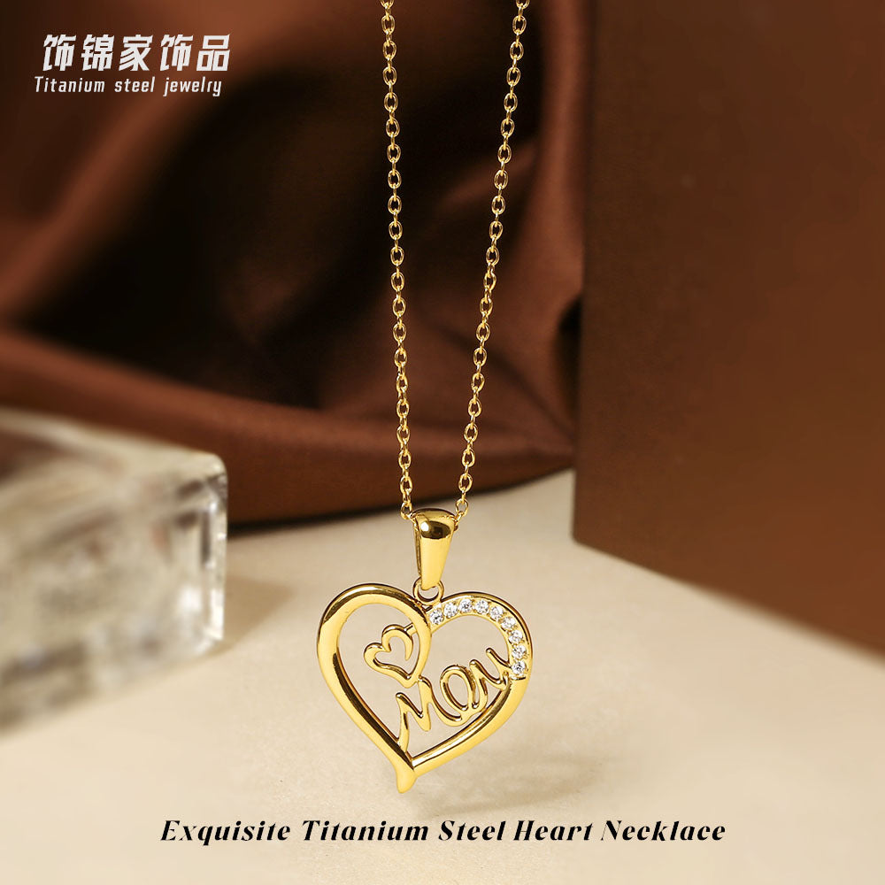 Wholesale Mother' s Day Titanium Steel Heart-Shaped Pendant Necklace with Zircon Inlay