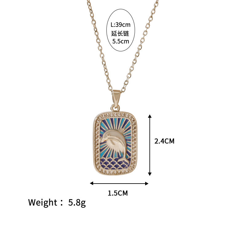 Wholesale Stainless steel Color Tarot Necklace Square Zirconium Pendant  Dolphin Brown Tree Marine  Clavicle Chain