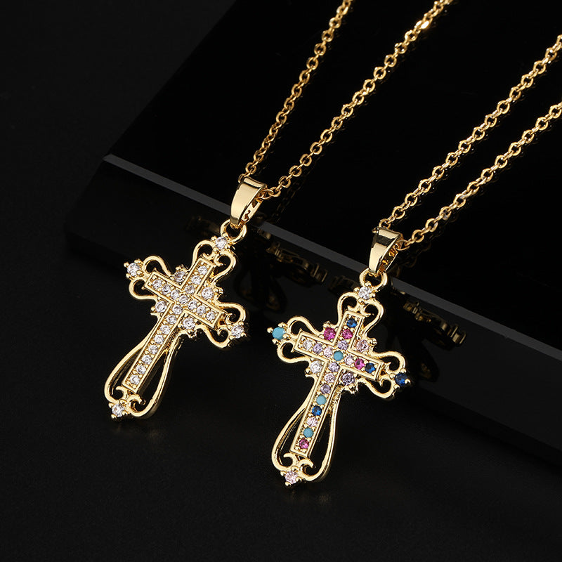 Wholesale Fashion Colorful Zircon Cross Pendant Necklace For Women Trendy Collarbone Chain Jewelry Gift