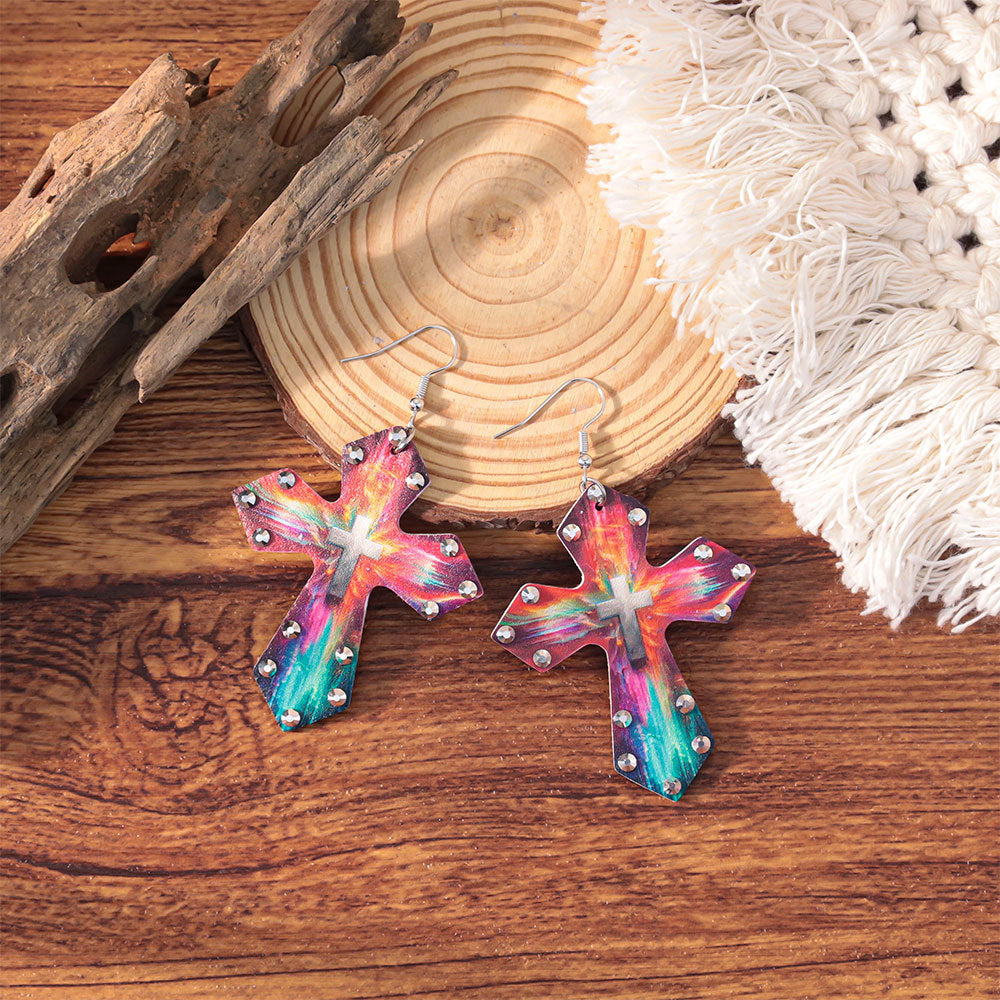 Wholesale Western style colorful rhinestone cross earrings