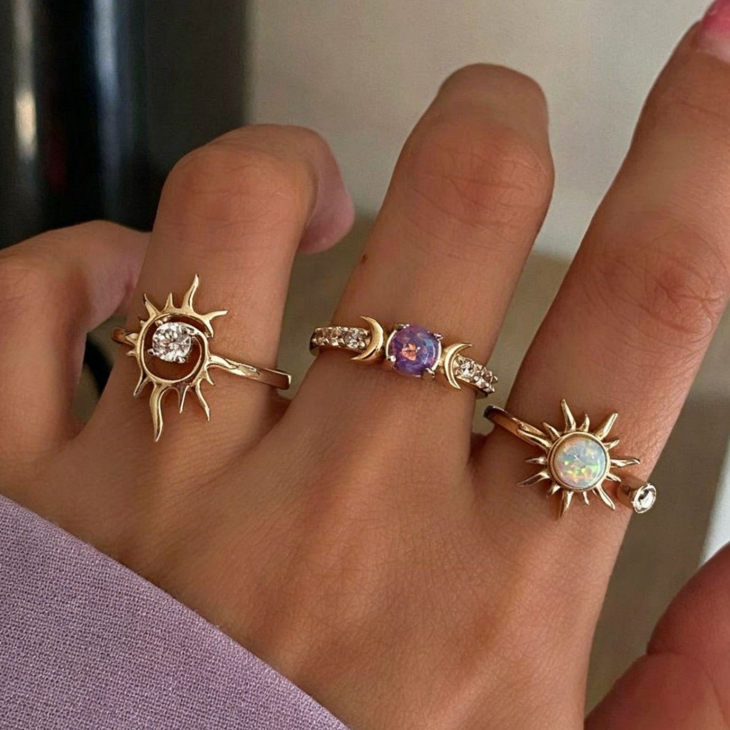 Wholesale Purple Sun Moon Knuckle Ring Set Trendy Fashion Jewelry Accessory Gift
