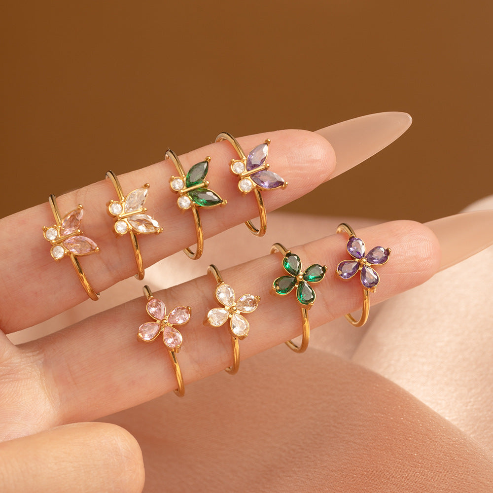 Wholesale Modern Flower Zircon Stainless Steel Adjustable Open Ring Boutique Resale Jewelry
