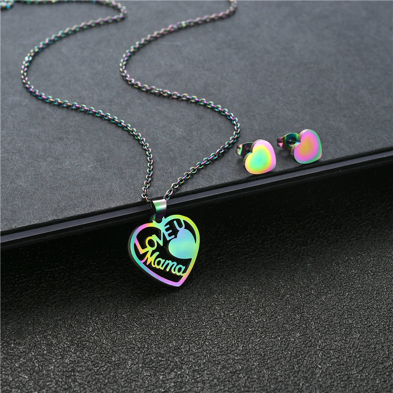 Wholesale Heart Shape MAMA Mother's Day Stainless Steel Earrings Necklace Set ACC-ES-MinM011