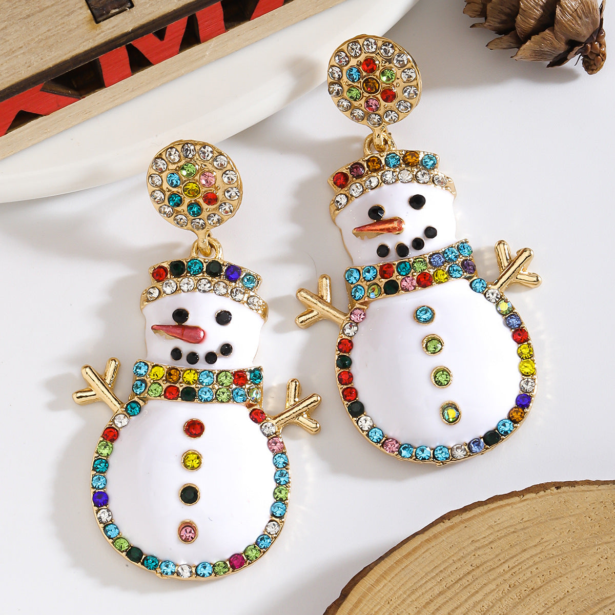 Wholesale Christmas cartoon snowman colorful diamond earrings