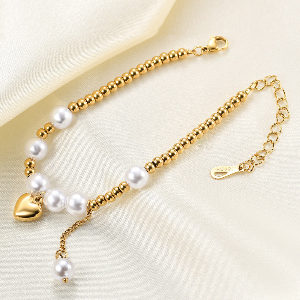 Wholesale Titanium Steel Vintage Heart Stitching Pearl Bracelet
