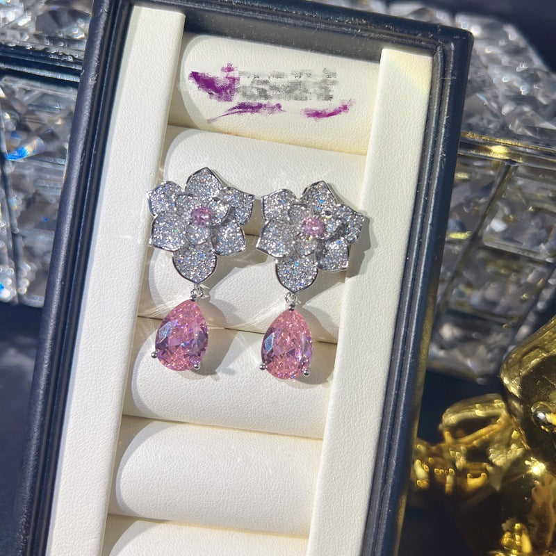 Wholesale Teardrop-shaped Pink Zirconium Rose Full Diamond Open Ring Necklace Set ACC-NE-KaLuoqi003