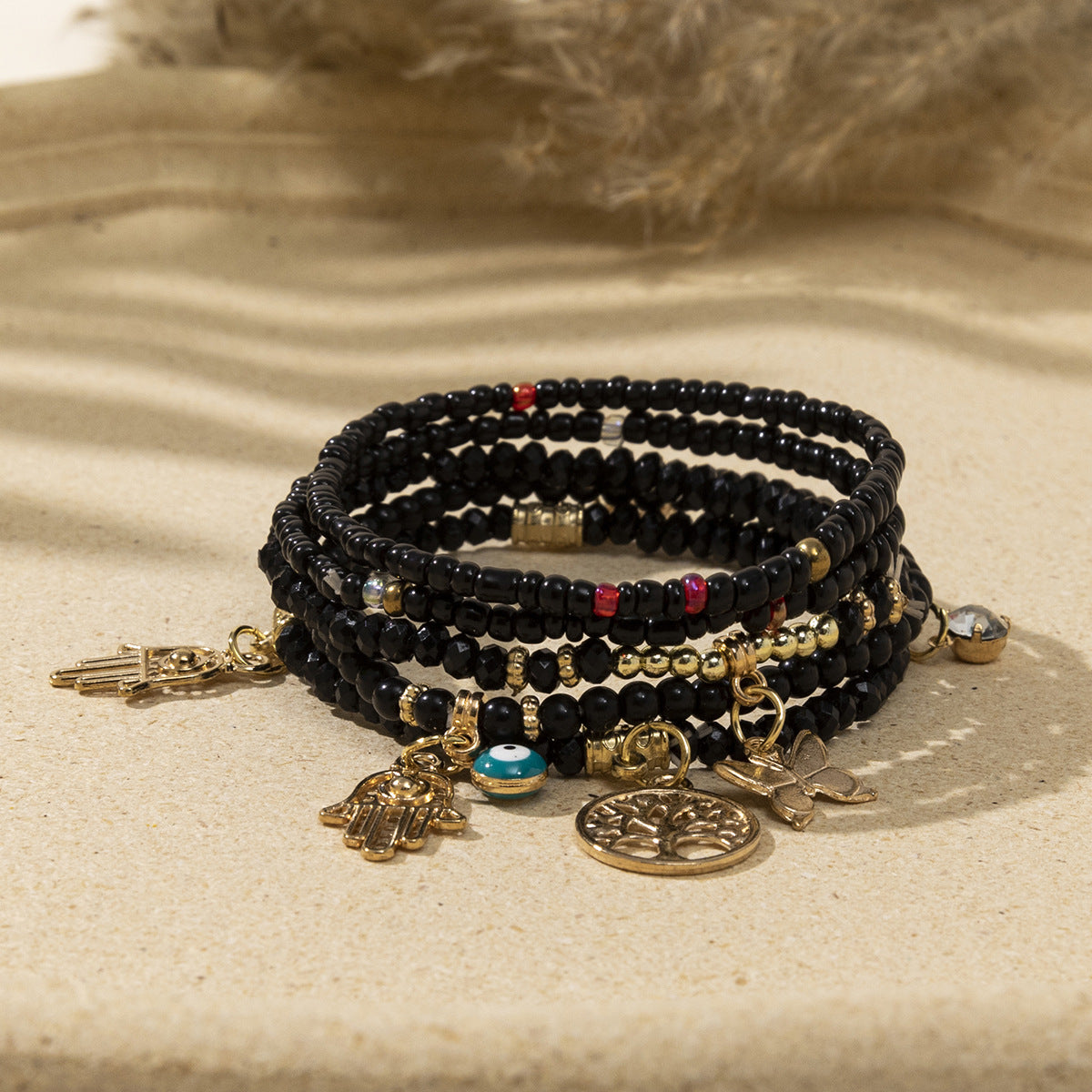 Wholesale Bohemian Multi-Layered Stacked Seed Bead Evil Eye  Bracelet