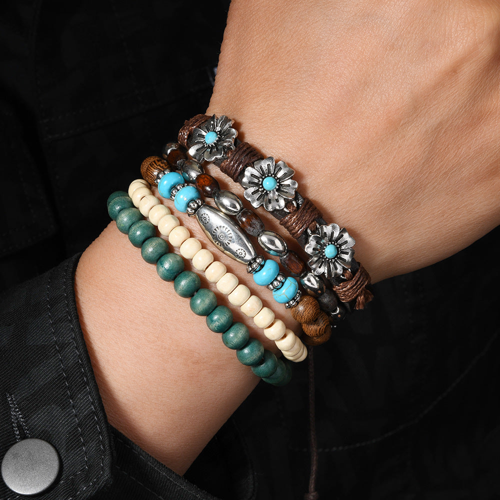 Wholesale Bohemian Wood Bead Bracelet Set Of 5 Multilayer Flower Turquoise Fashion Accessory Gift