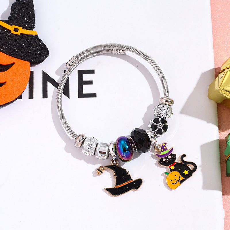 Wholesale Halloween Bat Ghost Witch Alloy Pendant Stainless Steel Bracelet ACC-BT-QingLian007