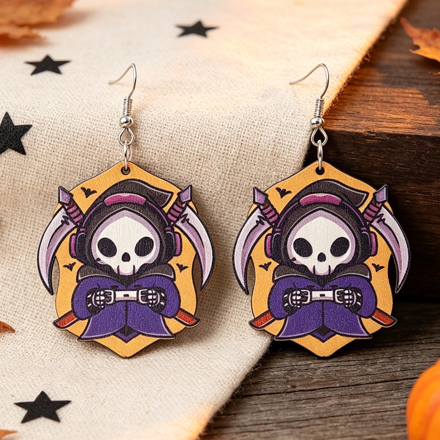Wholesale  Cartoon Death Sickle Wooden Earrings Skull Bat Print Fashion Accessory Gift Boutique Resale