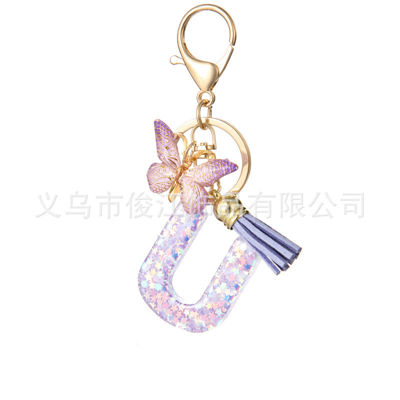 Wholesale Purple Star Tassel Resin Keychain 26 English Letters Bag Charm For Women Students Fashion Decorative Accessory