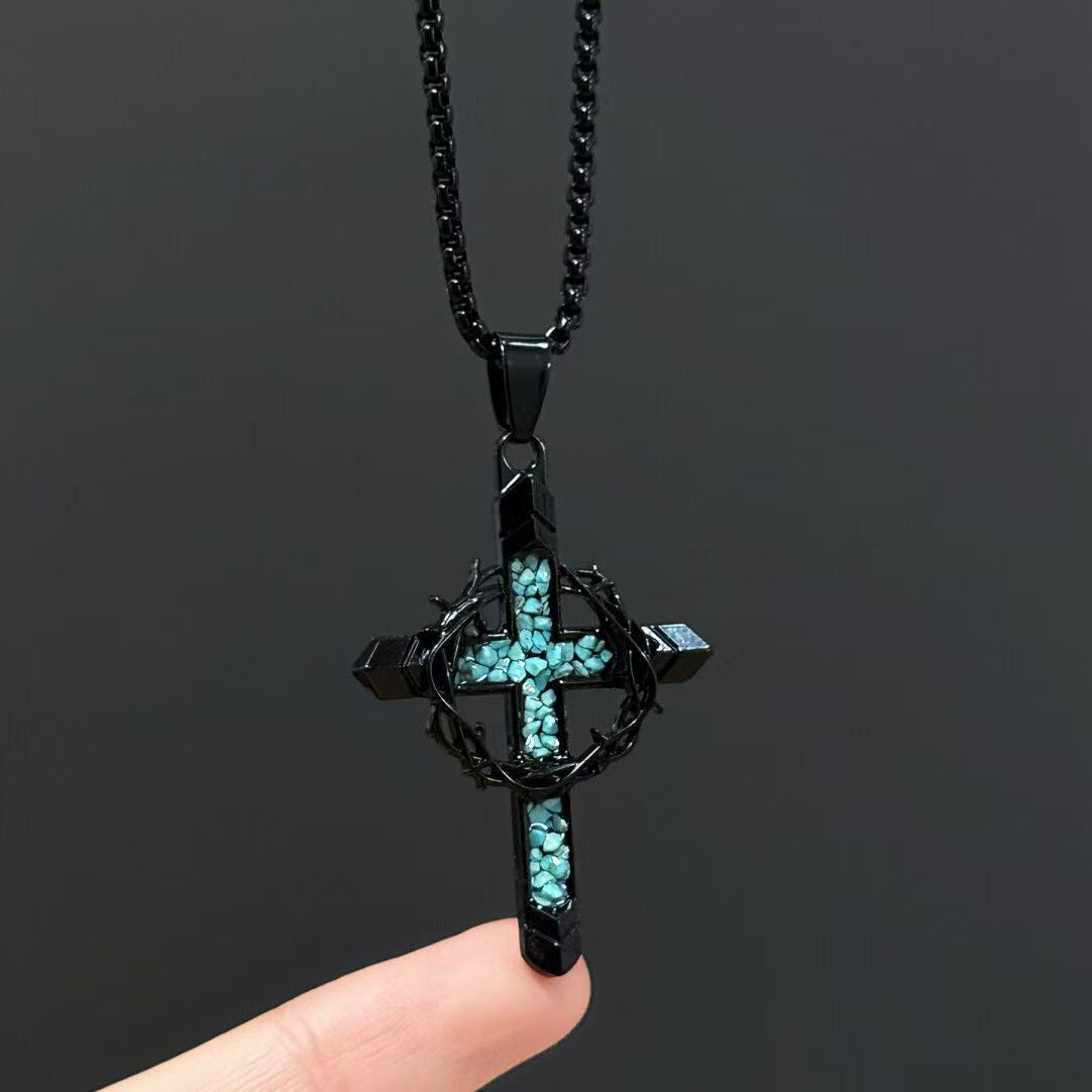 Wholesale Vintage n Cross Turquoise Pendant Necklace Alloy Chain Fashion Accessory