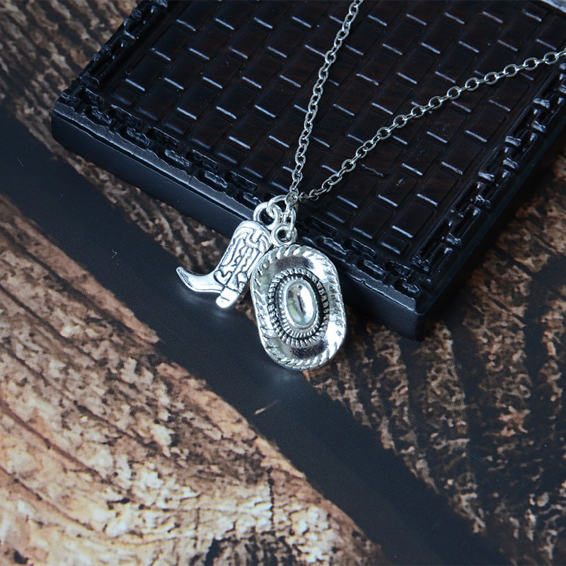 Wholesale  fashion Denim theme creative personality western cowboy hat boots necklace