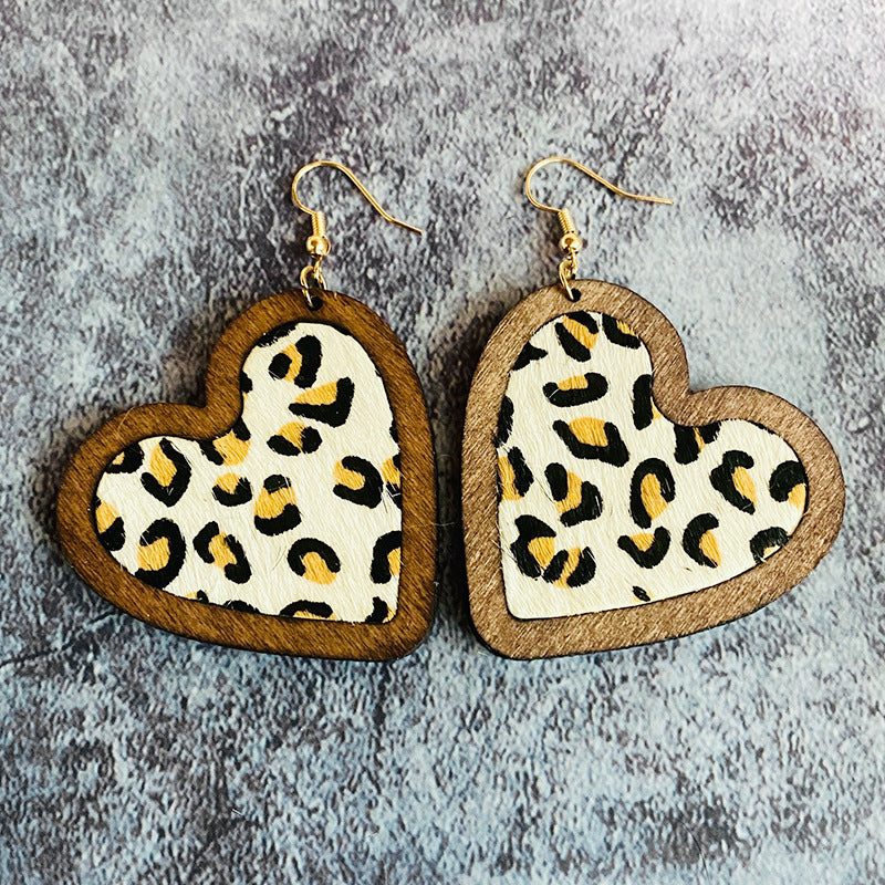 Wholesale Leopard Pattern Cow Pattern Heart Shaped Wooden Earrings ACC-ES-XinChuan010