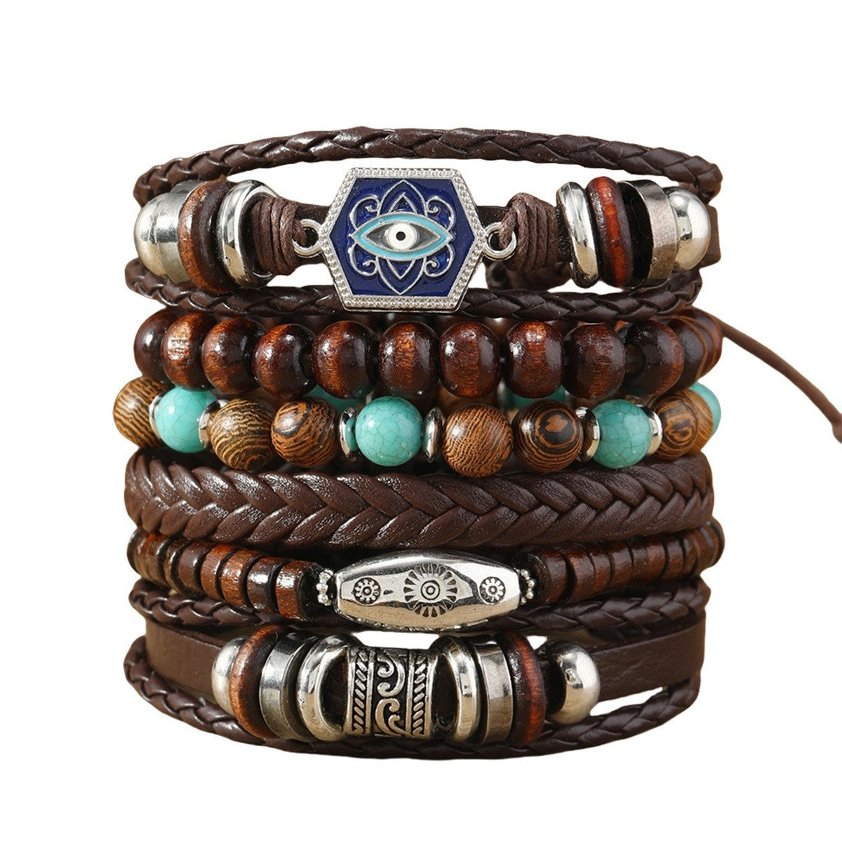 Wholesale Vintage wooden bead bracelet with evil eye design, elastic rope bracelet set
