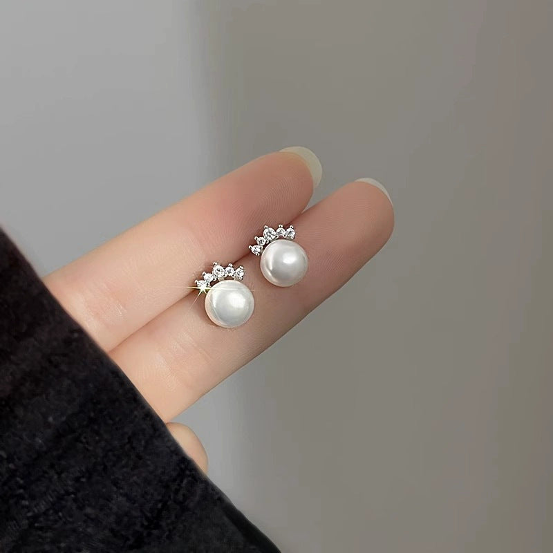Wholesale s925 silver needle crown pearl stud earrings