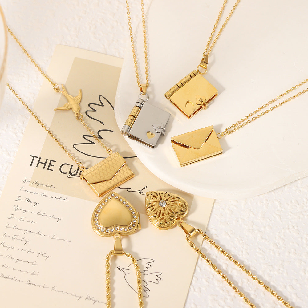 Wholesale titanium steel gold plated 18k book album love pendant zircon necklace