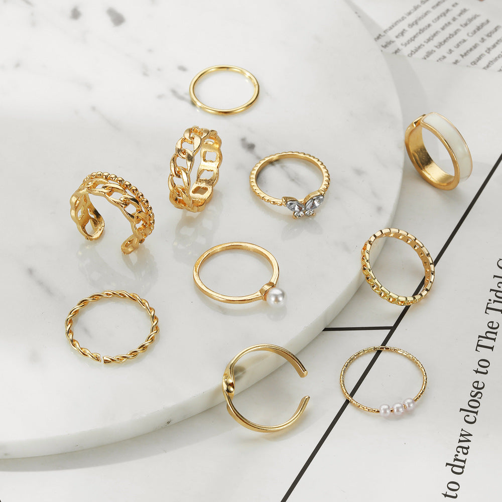 Wholesale 10pcs/set Vintage Style Pearl Embedded Chain Link Ring Set
