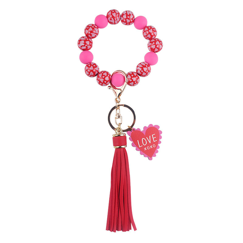 Wholesale Leather PU Tassel Valentine's Day Wooden Beaded Bracelet Keychain
