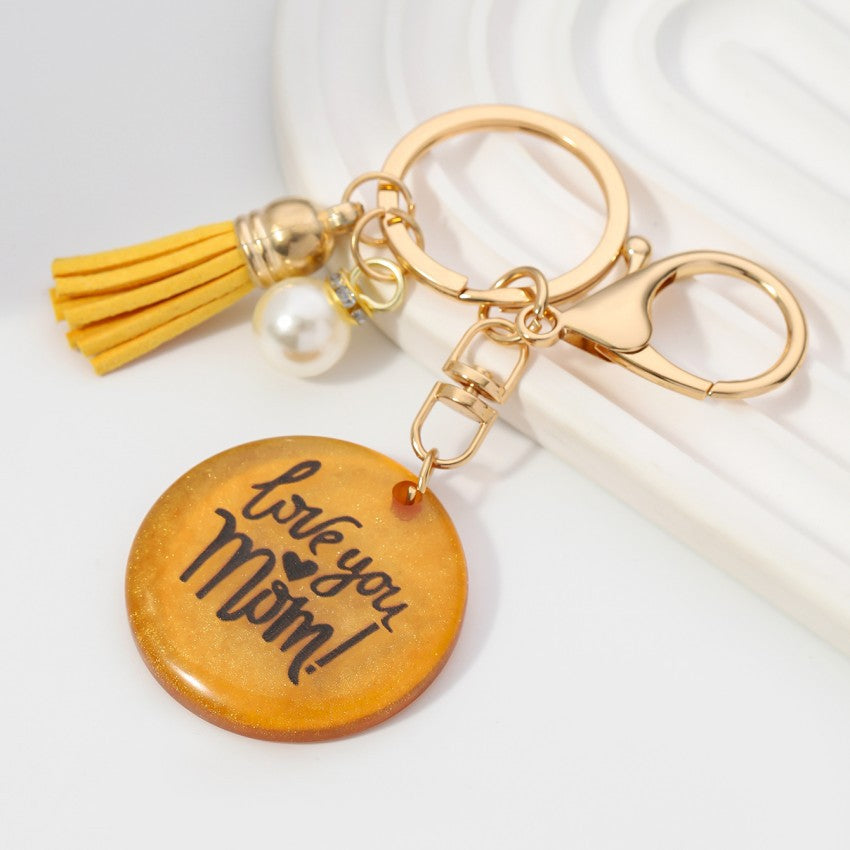 Wholesale MOM tassel pearl resin round card keychain