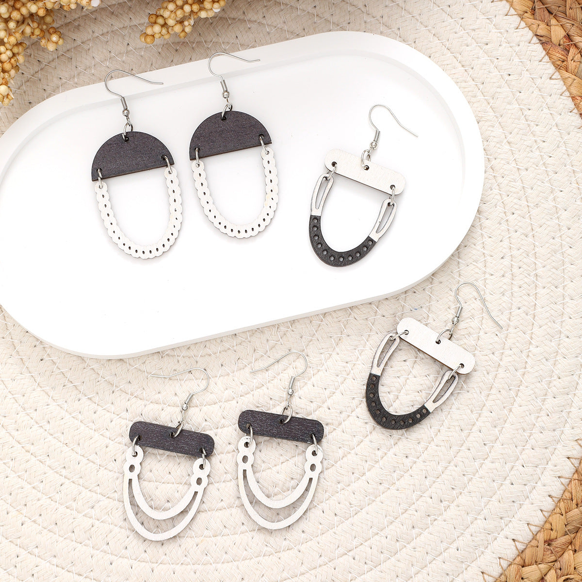 Wholesale  Retro Bohemian Style Pattern Leaves Wooden Earrings