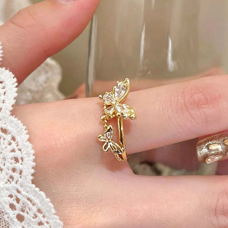Wholesale Sweet and Delicate Butterfly Ring for Women,  Unique Design,  Versatile Stackable Index Finger Ring,  High-End Light Luxury Open-Ended Ring
