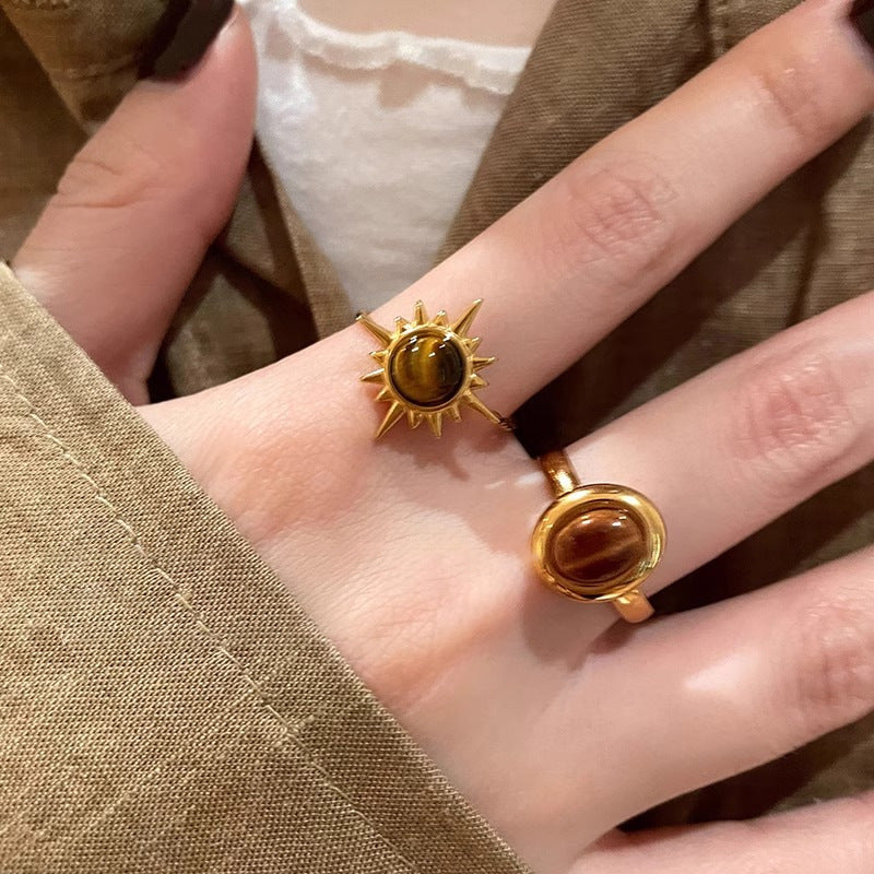 Wholesale Chic Sunflower Tiger Eye Stone Ring Women' s Alloy Electroplated Geometric Design Jewelry Accessory for Boutique Resale