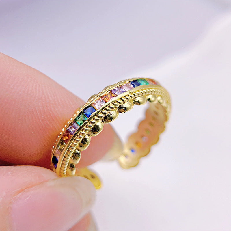 Wholesale Zircon Inlaid Rainbow Ring Light Luxury Leaf Retro Open Rings ACC-RS-YXY010