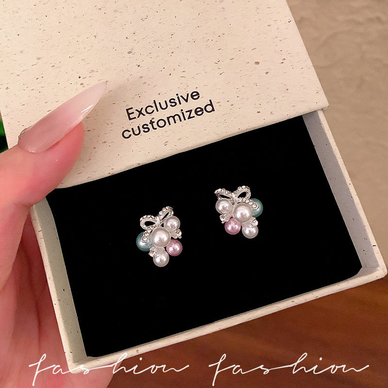Wholesale Korean Style Colorful Pearl Grape Cluster Bow Earrings Summer Sweet Fashion Jewelry Accessory For Party Gift
