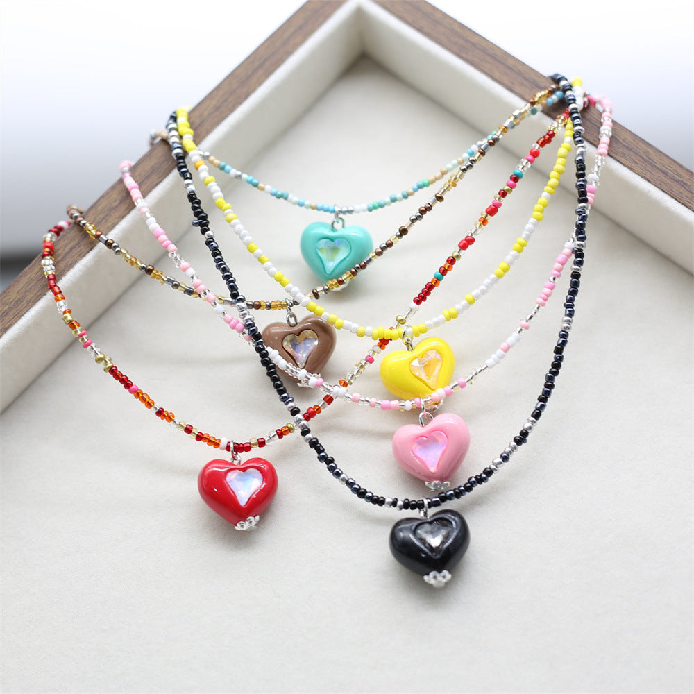 Wholesale Zircon Heart Pendant Rice Bead Necklace