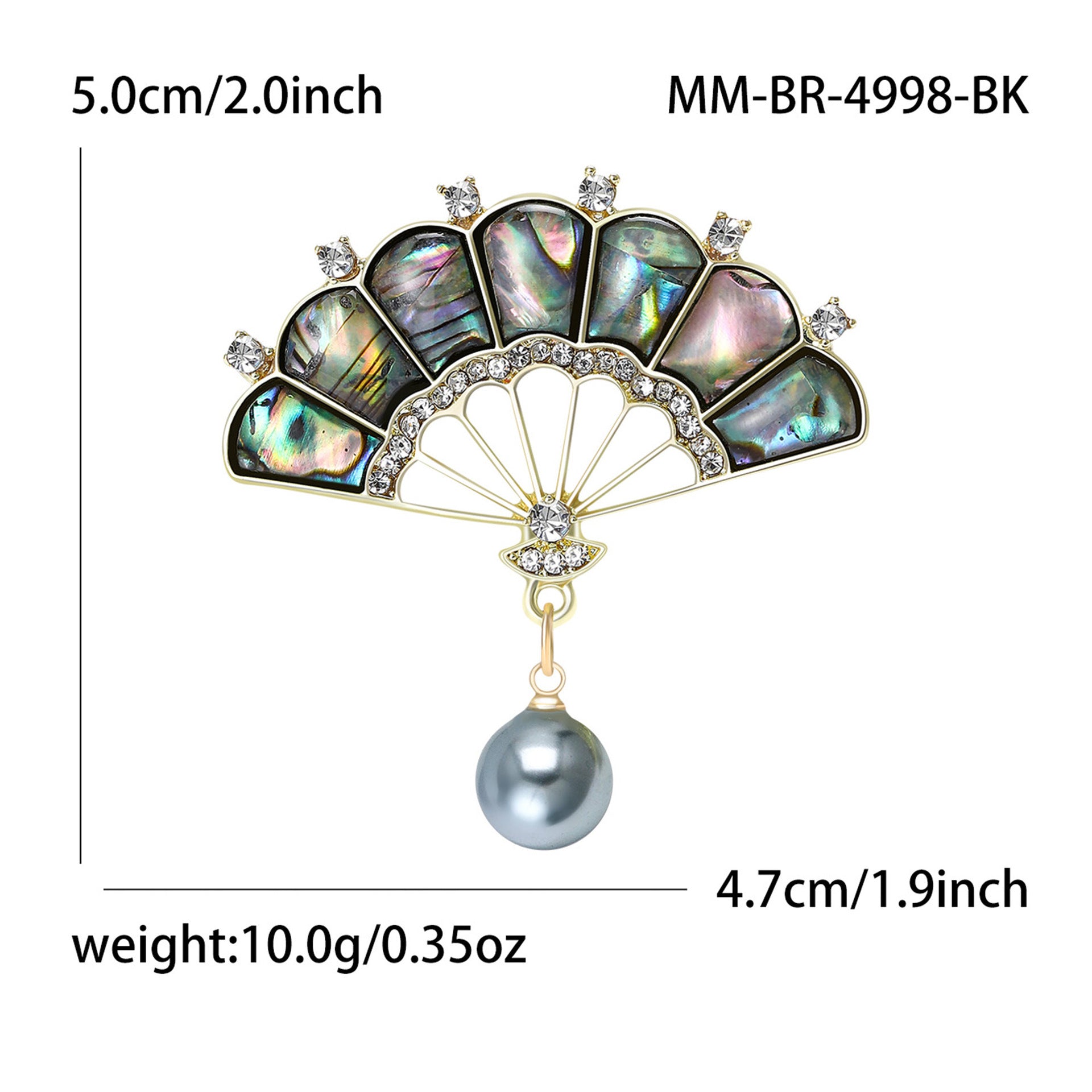 Wholesale Mother Of Pearl Abalone Shell Rhinestone Alloy Fan Brooch Classic Elegant Decorative Pin For Women Boutique Resale Gift