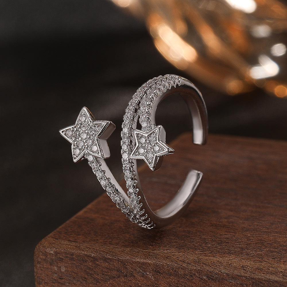 Wholesale Chic Five Point Star Open Ring Silver Adjustable Copper Zircon Jewelry Fashion Accessory For Boutique Resale