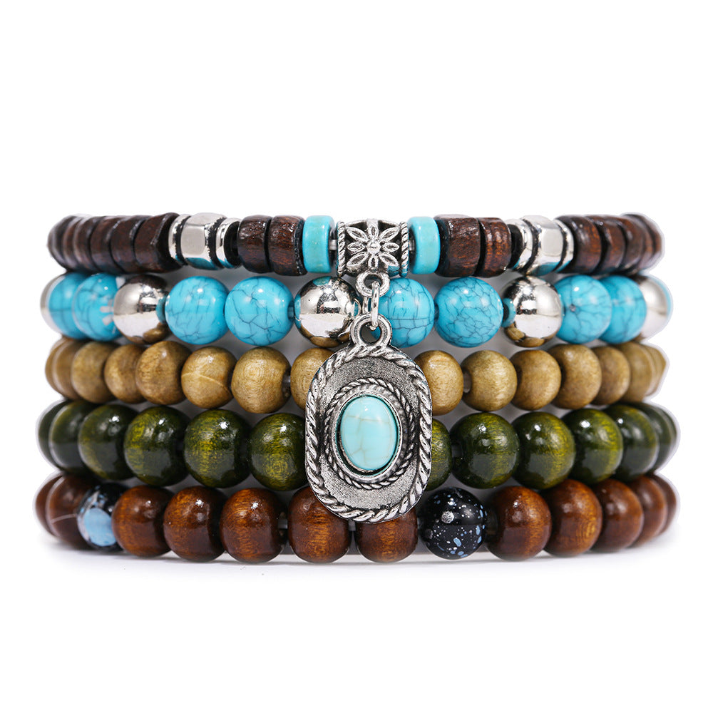 Wholesale Wooden turquoise evil eye heart and bull head beaded bracelet