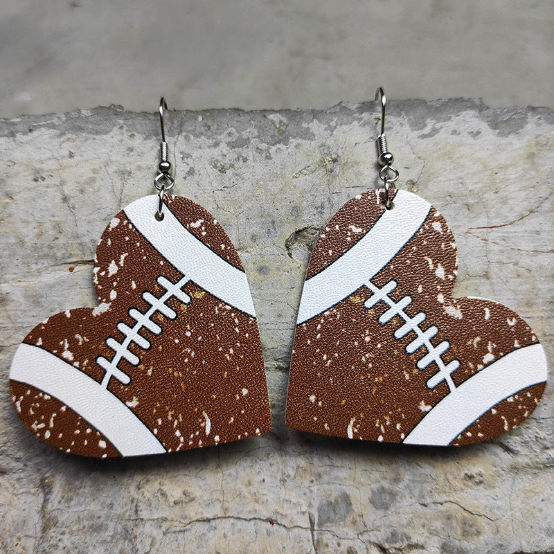 Wholesale Heart Shaped Sports Leather Earrings Baseball Football Soccer Hockey Tennis Jewelry Accessory Gift Boutique Resale