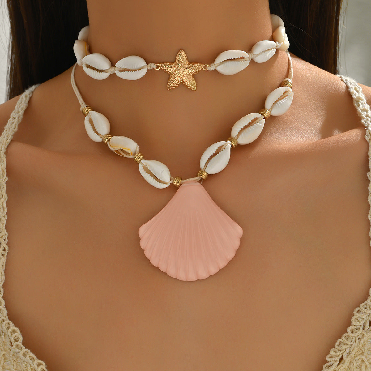 Wholesale Bohemian beach style exaggerated shell pendant necklace double layered necklace