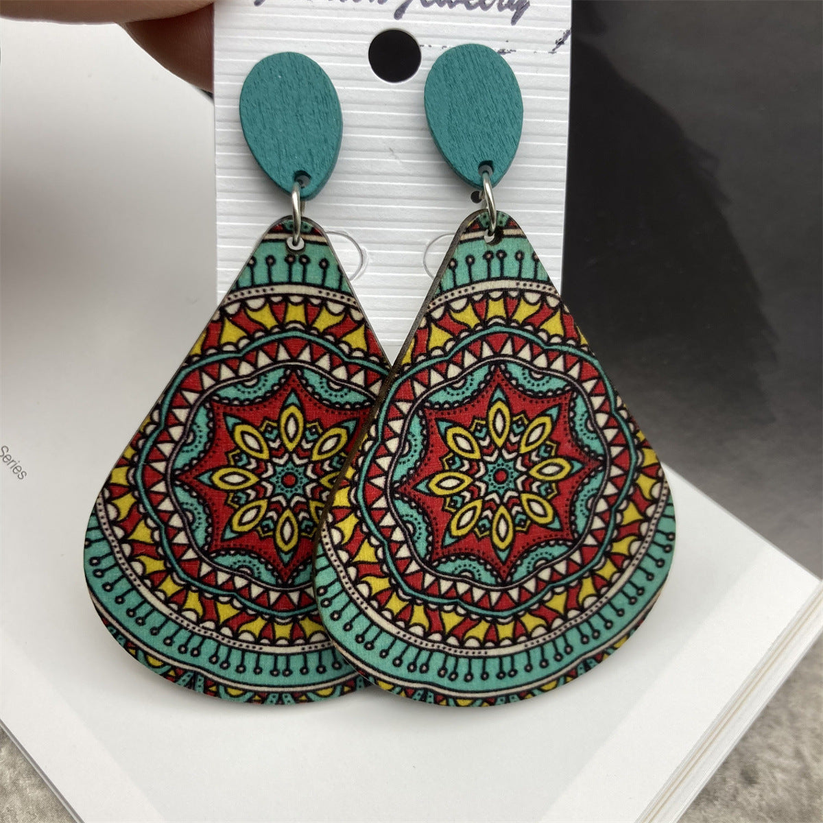 Wholesale Retro Bohemian Water Drop Wooden Print Earrings ACC-ES-FX011