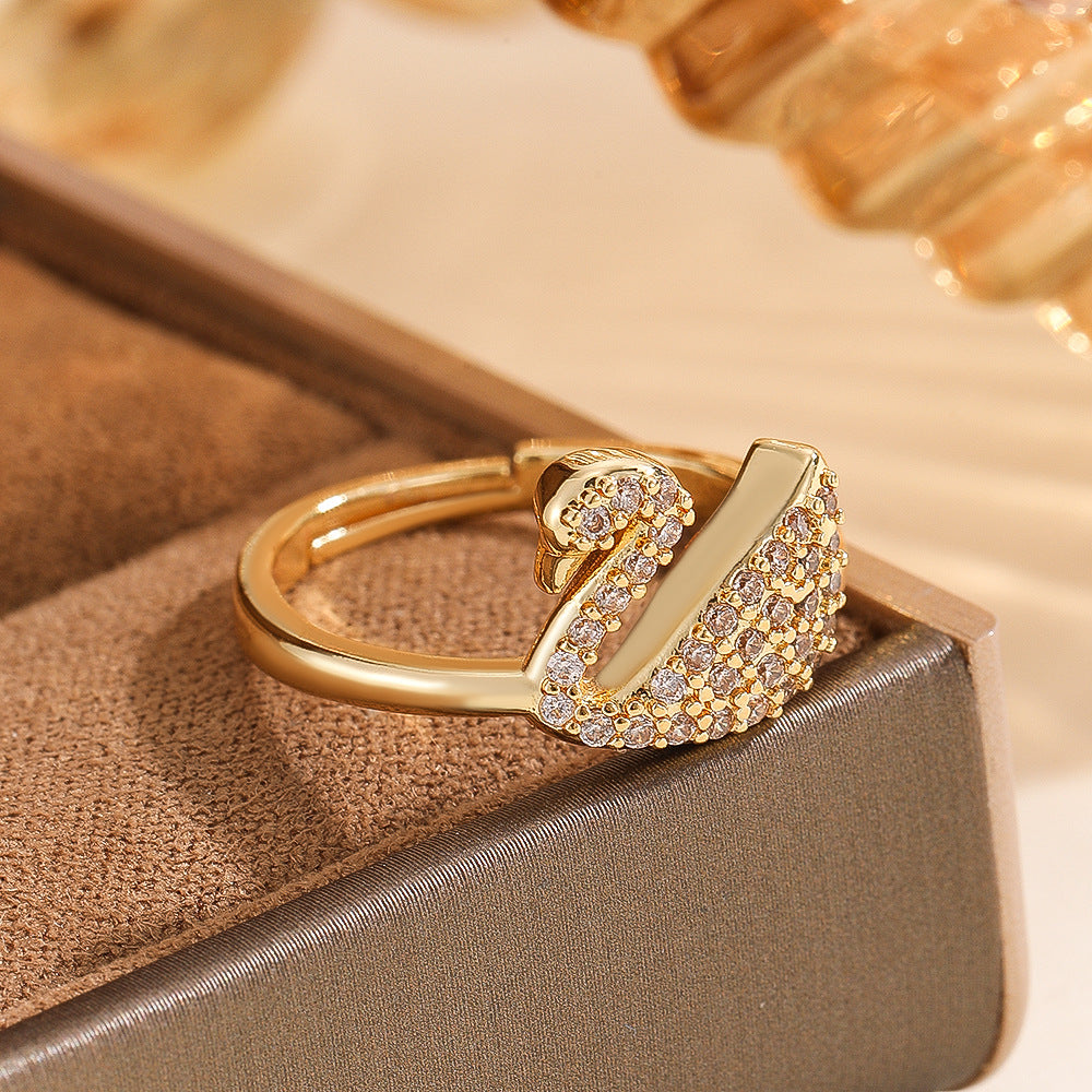 Wholesale Chic Gold Tone Swan Zircon Ring Adjustable Open Design Fashion Jewelry Accessory For Everyday Wear And Boutique Resale