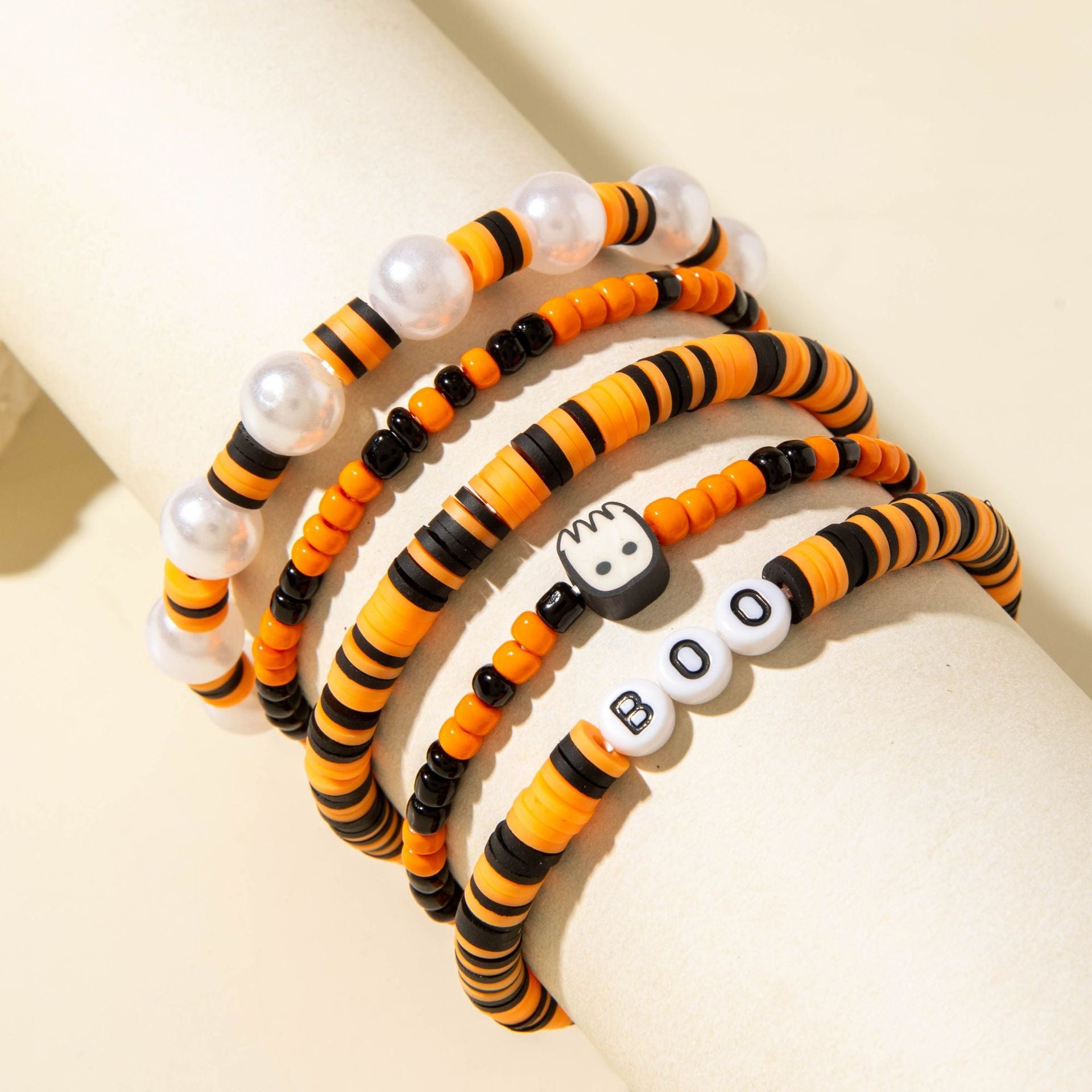 Wholesale  Cartoon Funny Ghost Pumpkin Color Elastic Bead Bracelet Set