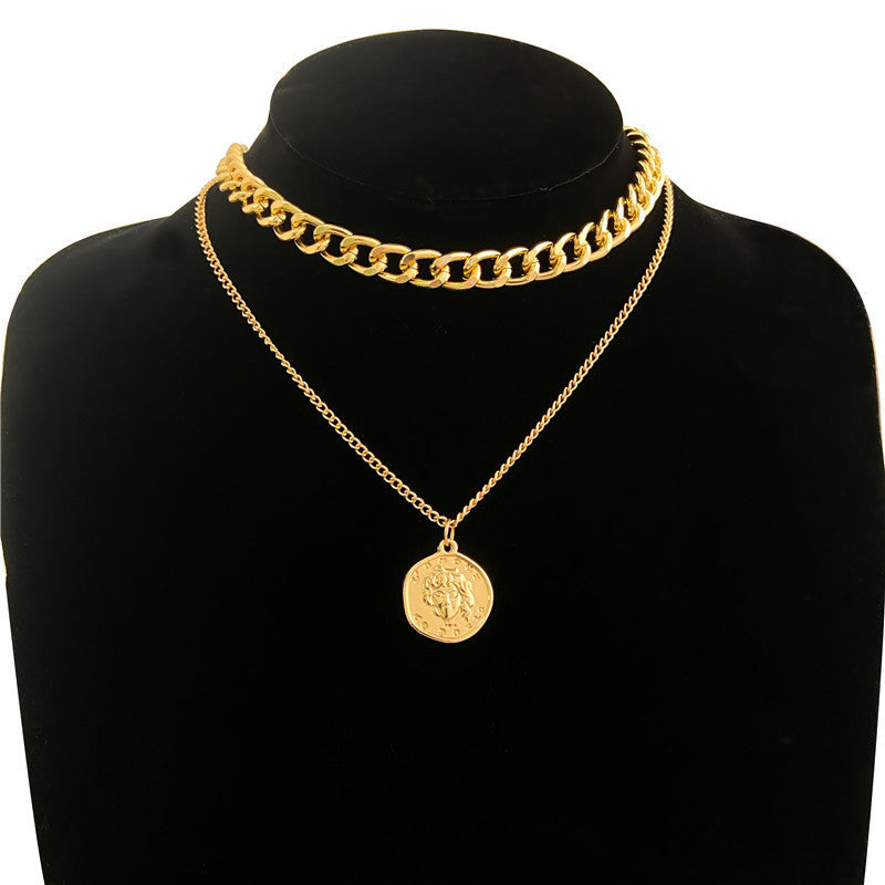 Wholesale retro portrait exaggerated thick chain necklace double layer necklace