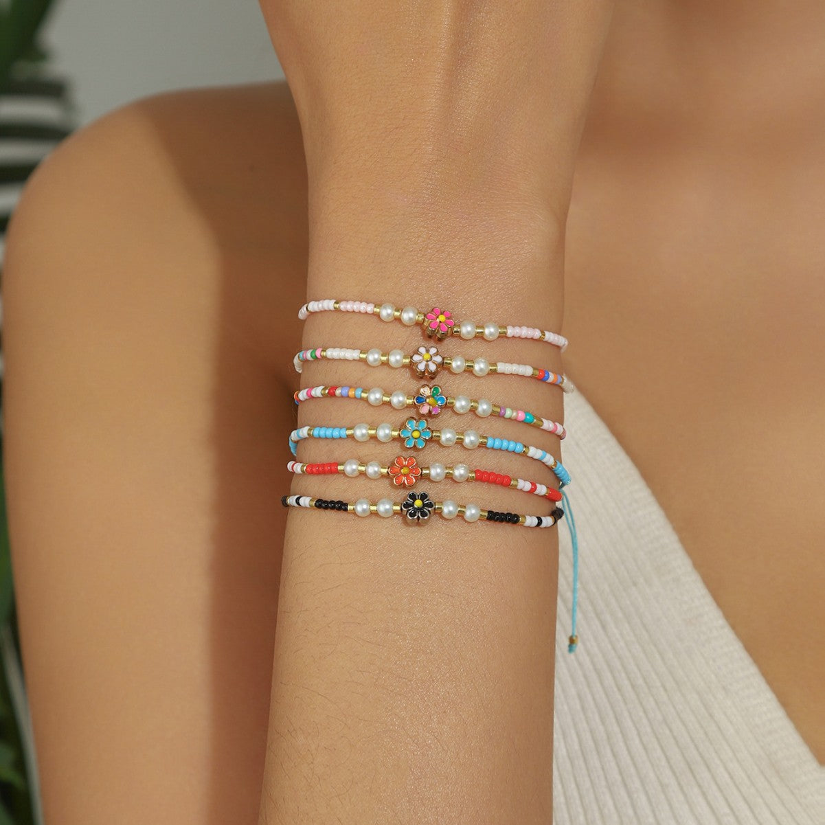 Wholesale retro Bohemian style colorful flower rice bead braided bracelet