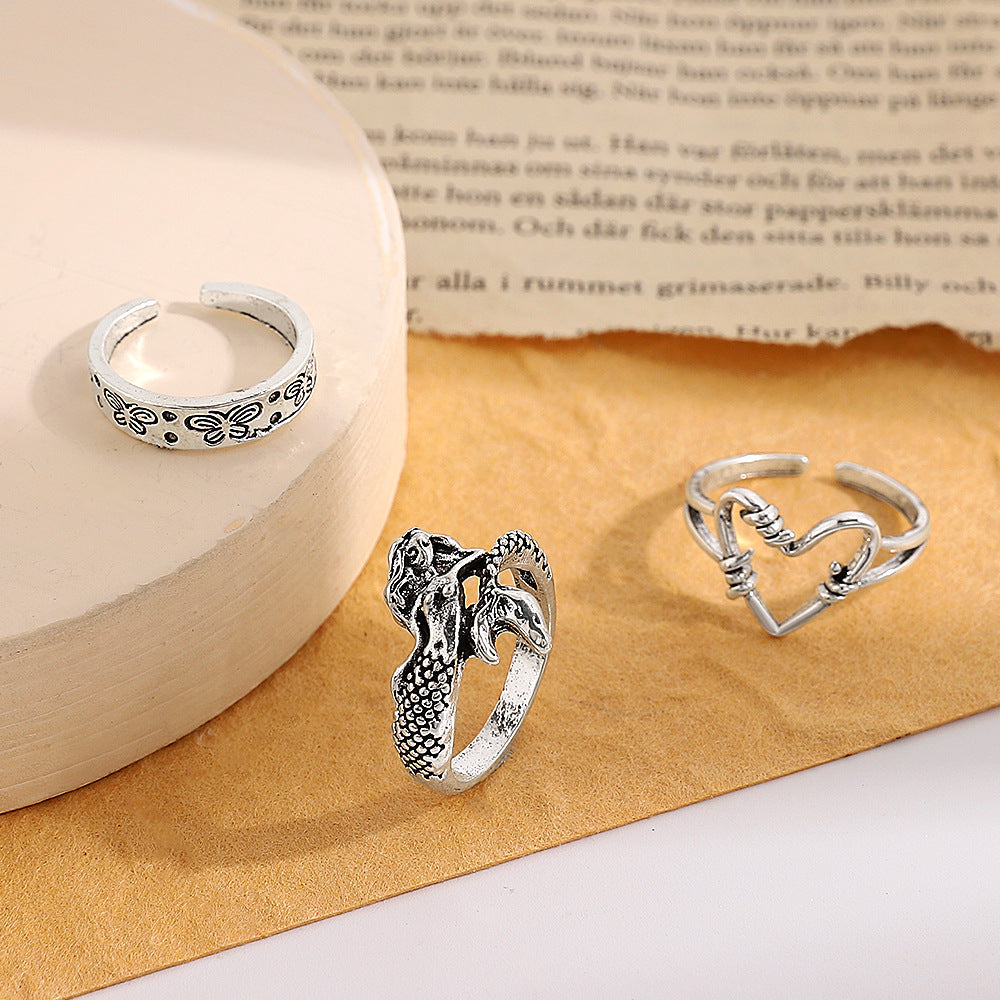 Wholesale love hollow butterfly ancient silver joint ring