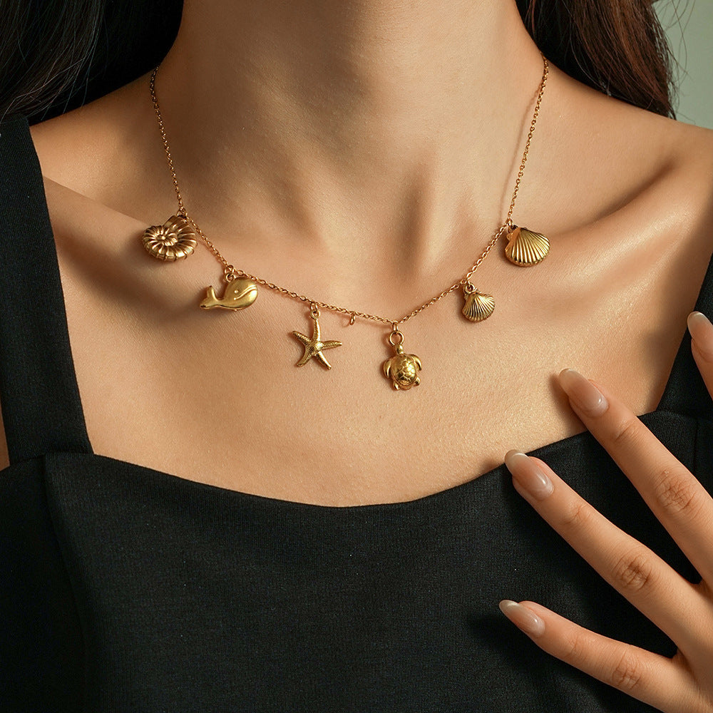 Wholesale  Titanium Steel  Ocean Series Conch Sea Star Dolphin Shell Waterproof Beach Necklace